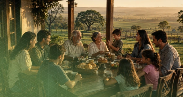Família reunida em uma propriedade rural